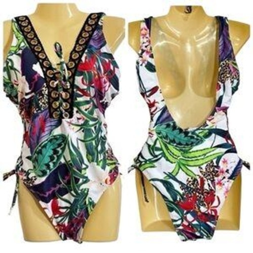Missguided Tropical‎ Floral Leopard Lace Up One Piece Swimsuit 6